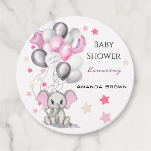 Cute Baby Elephant with Balloons Girl Baby Shower Favour Tags