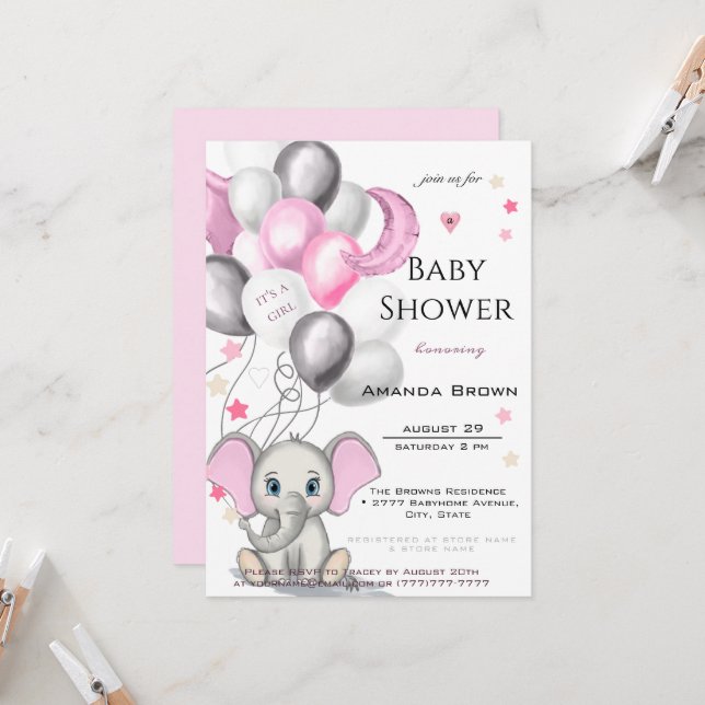 Cute Baby Elephant with Balloons Girl Baby Shower Invitation (Front/Back In Situ)