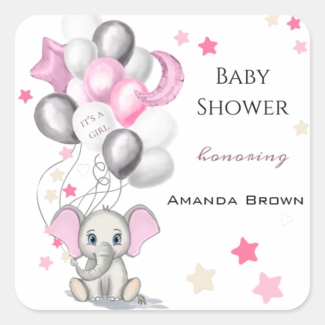 Cute Baby Elephant with Balloons Girl Baby Shower Square Sticker (Front)