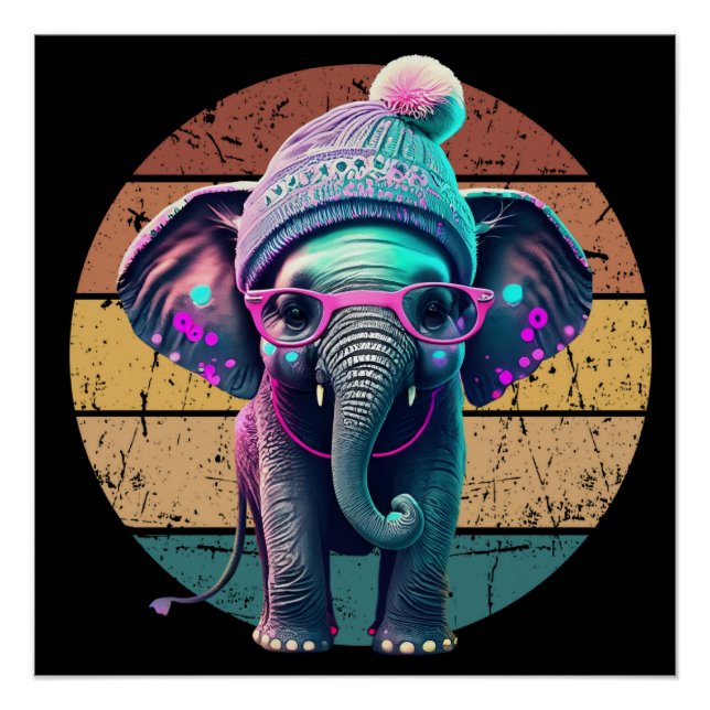 Cute Baby Elephant with Beanie and Pink Glasses Poster (Front)