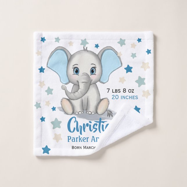 Cute Baby Elephant with Blue Ears Boy Birth Stats Bath Towel Set (Wash Cloth)