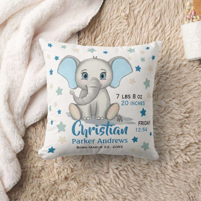 Cute Baby Elephant with Blue Ears Boy Birth Stats Cushion (Blanket)