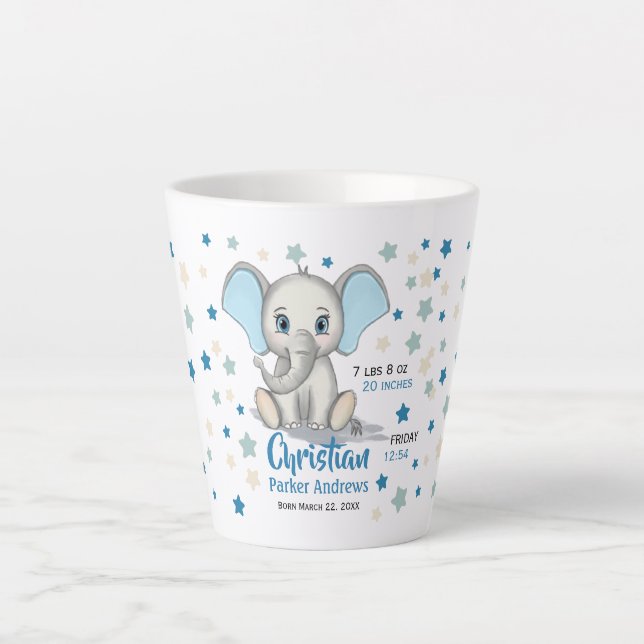 Cute Baby Elephant with Blue Ears Boy Birth Stats Latte Mug (Front)