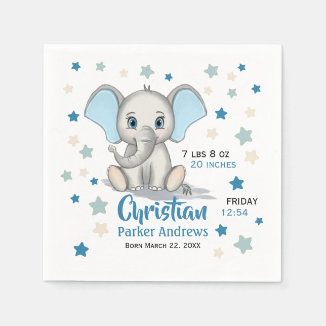 Cute Baby Elephant with Blue Ears Boy Birth Stats Napkin (Front)