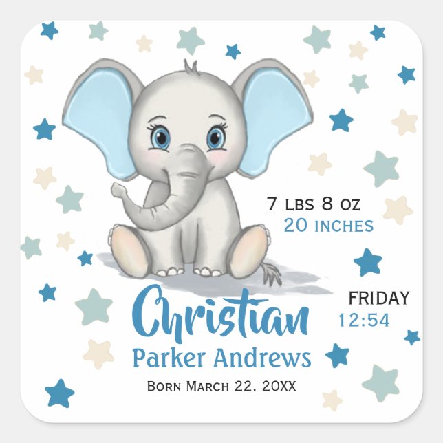 Cute Baby Elephant with Blue Ears Boy Birth Stats Square Sticker (Front)