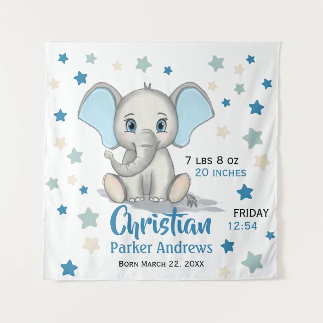 Cute Baby Elephant with Blue Ears Boy Birth Stats Tapestry (Front)