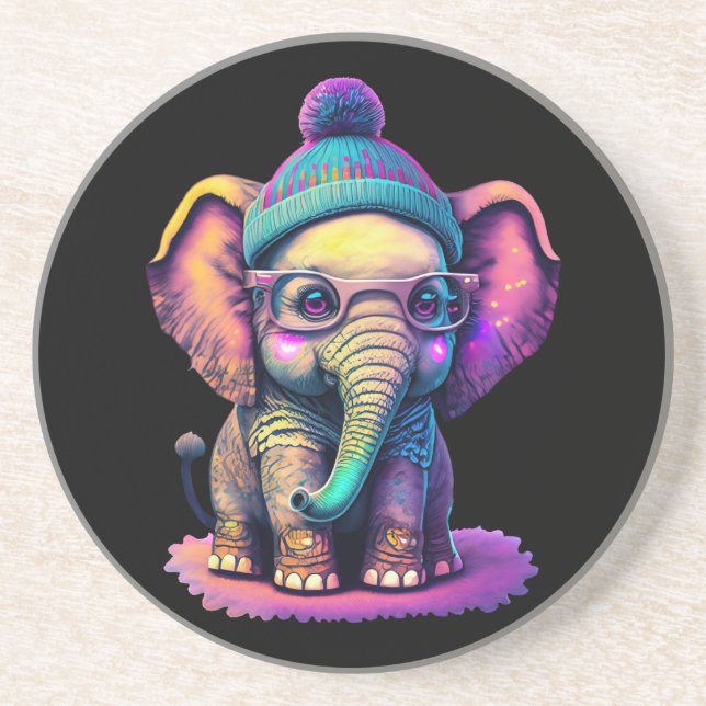 Cute Baby Elephant with Glasses and Beanie Coaster (Front)