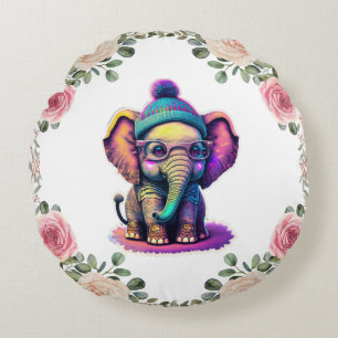 Cute Baby Elephant with Glasses and Beanie Round Cushion
