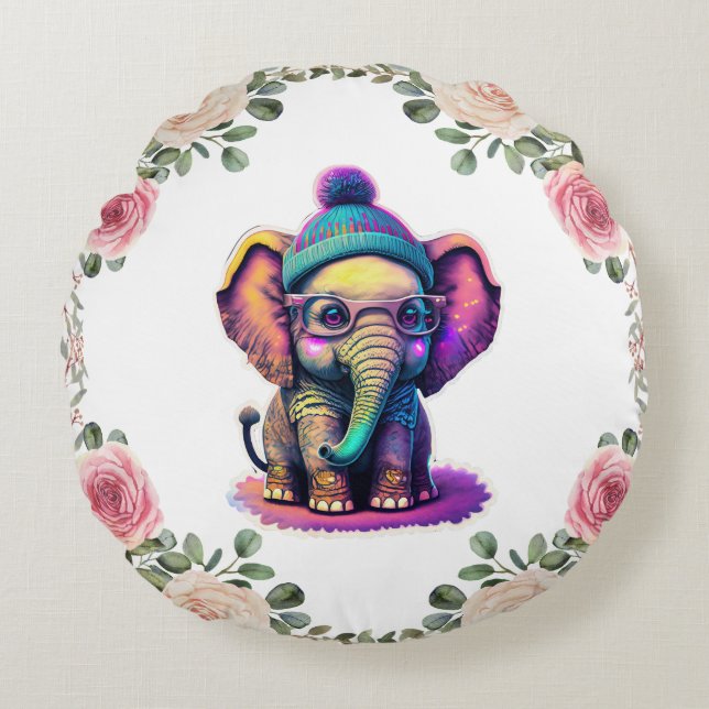 Cute Baby Elephant with Glasses and Beanie Round Cushion (Front)