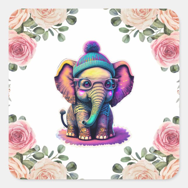 Cute Baby Elephant with Glasses and Beanie Square Sticker (Front)
