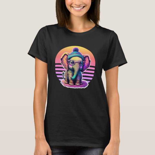 Cute Baby Elephant with Glasses and Beanie T-Shirt (Front)