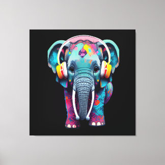 Cute Baby Elephant with Headphones Canvas Print
