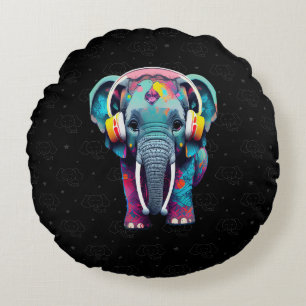 Cute Baby Elephant with Headphones Round Cushion