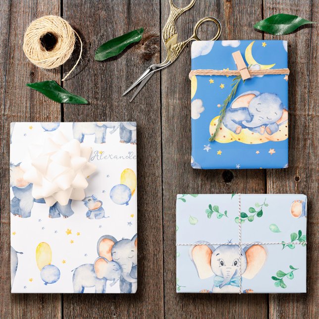 Cute Baby Elephant with Mummy Watercolor Boy Wrapping Paper Sheet (Creator Uploaded)