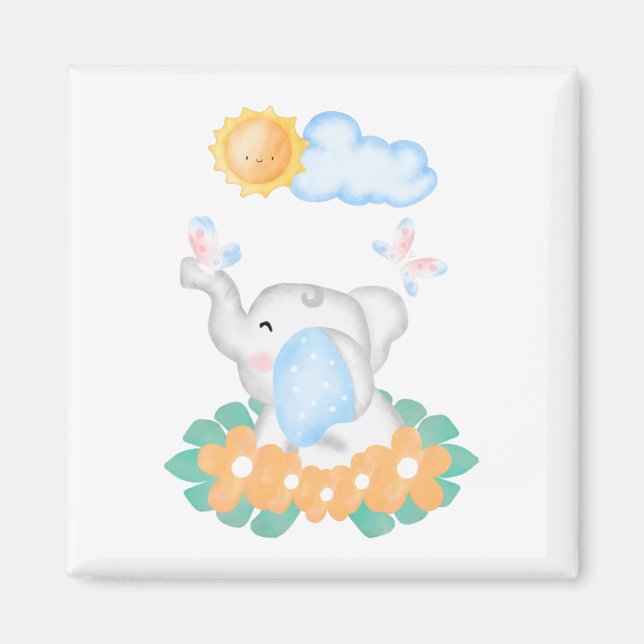 Cute Baby Elephant with orange flowers Magnet (Front)