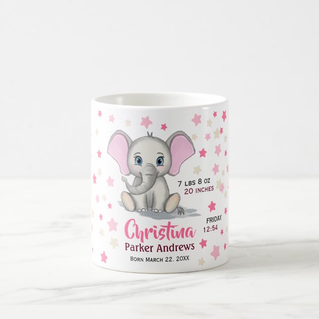 Cute Baby Elephant with Pink Ears Girl Birth Stats Coffee Mug (Center)