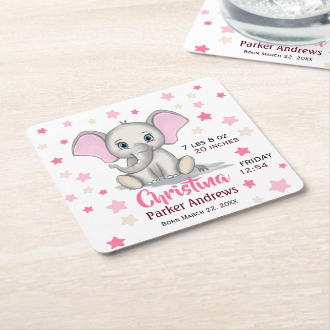 Cute Baby Elephant with Pink Ears Girl Birth Stats Square Paper Coaster (Angled)