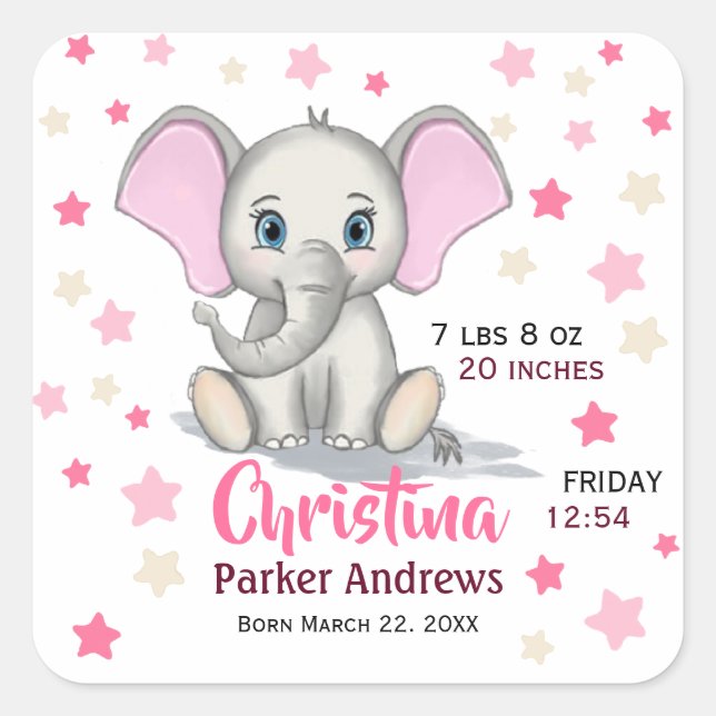 Cute Baby Elephant with Pink Ears Girl Birth Stats Square Sticker (Front)