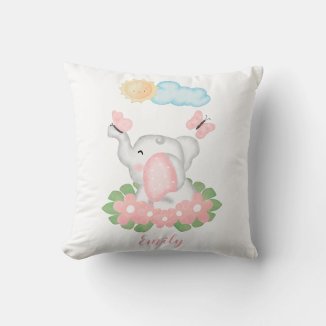 Cute Baby Elephant with pink flowers  Cushion (Front)