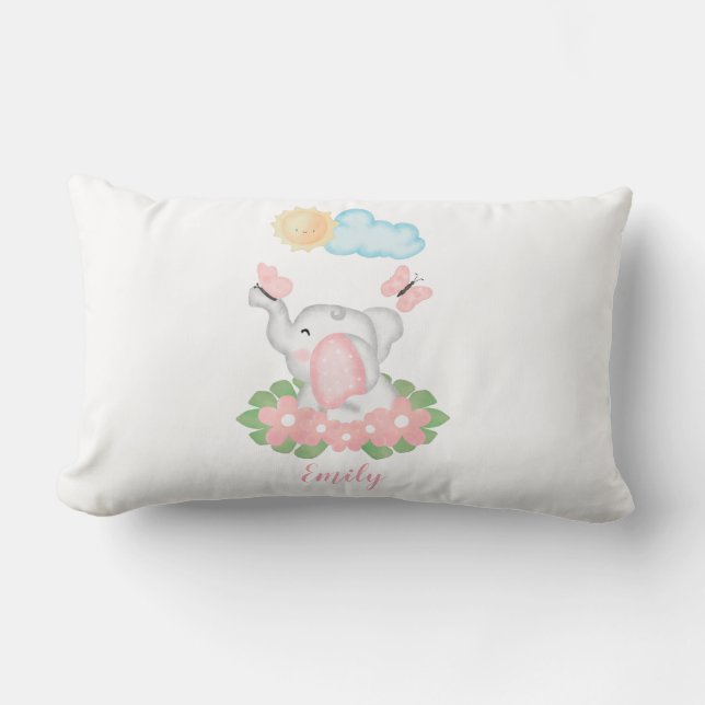 Cute Baby Elephant with pink flowers  Lumbar Cushion (Front)
