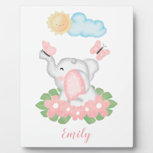 Cute Baby Elephant with pink flowers  Plaque