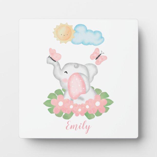 Cute Baby Elephant with pink flowers Plaque  (Front)