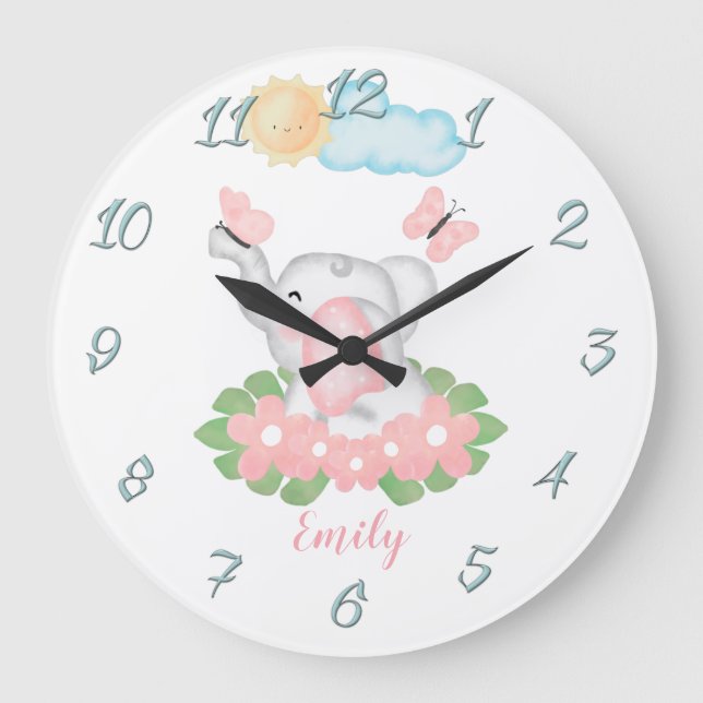 Cute Baby Elephant with pink flowers Wall Clock (Front)
