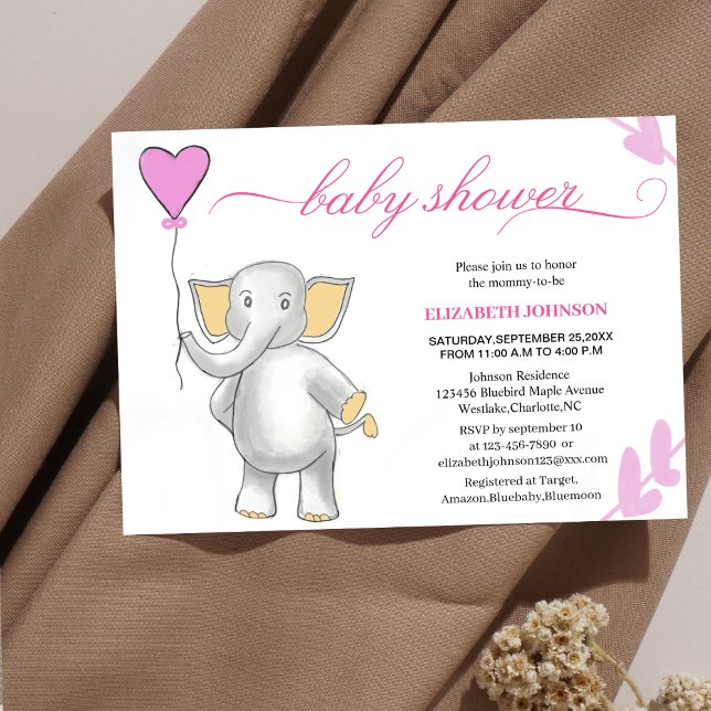 cute baby elephant with pink heart baby shower invitation (Creator Uploaded)