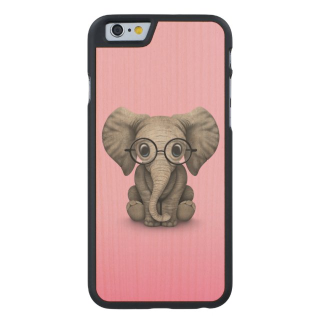 Cute Baby Elephant with Reading Glasses Pink Carved Wood iPhone Case (Back)