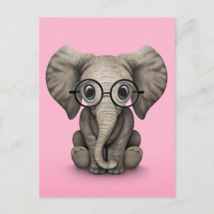Cute Baby Elephant with Reading Glasses Pink Postcard