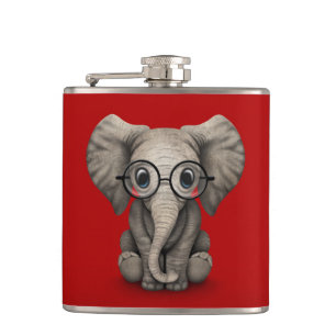 Cute Baby Elephant with Reading Glasses Red Hip Flask