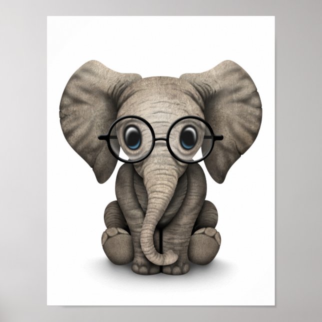 Cute Baby Elephant with Reading Glasses White Poster (Front)