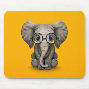 Cute Baby Elephant with Reading Glasses Yellow Mouse Pad