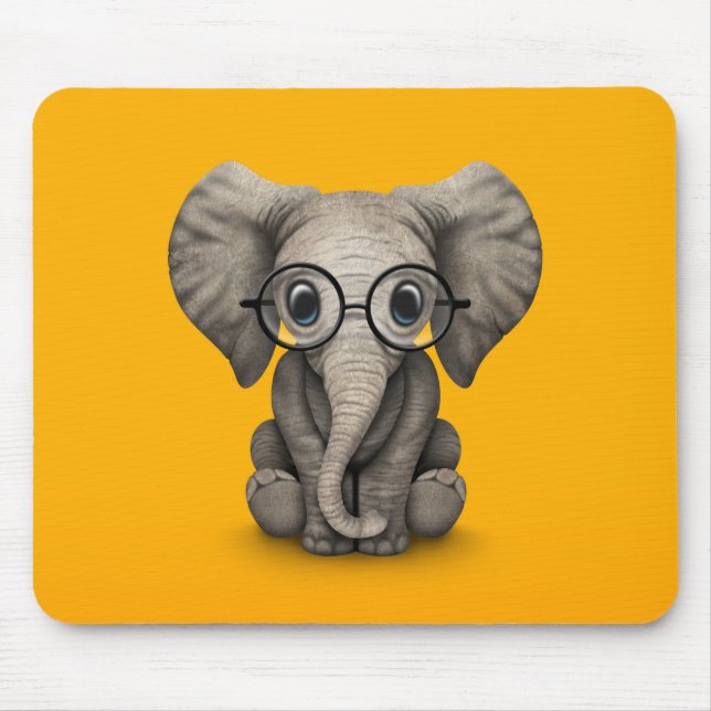 Cute Baby Elephant with Reading Glasses Yellow Mouse Pad (Front)