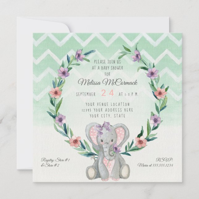 Cute Baby Elephant Wreath Floral Chevron Pattern Invitation (Front)