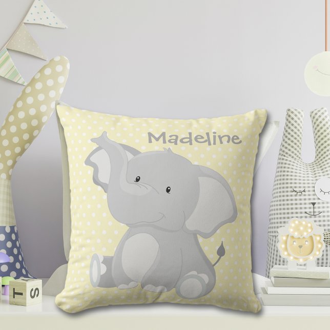 Cute Baby Elephant Yellow Polka-Dot Monogram Cushion (Creator Uploaded)