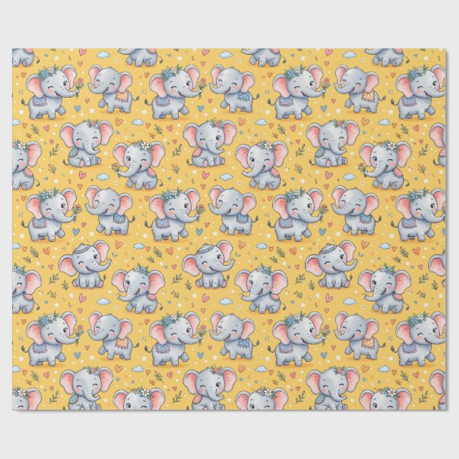 Cute Baby Elephants Floral Seamless Pattern Wrapping Paper (Flat)