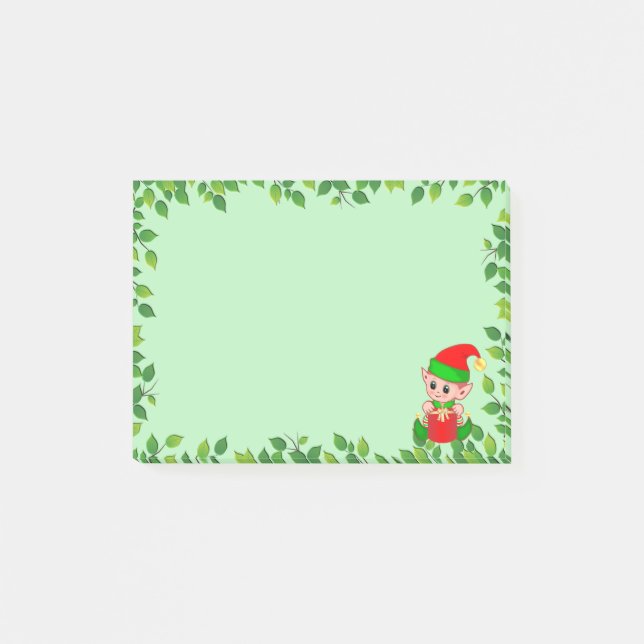 Cute Baby Elf & Green Leaf Frame on Light Green Post-it Notes (Front)
