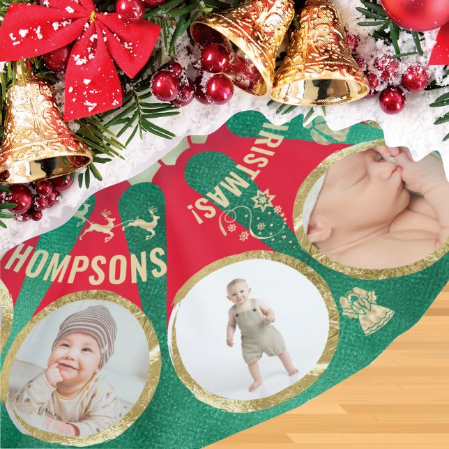 Cute Baby Family Milestone 12 Photo Collage Wreath Brushed Polyester Tree Skirt (12 Photos Baby Family #Milestones Family Name Custom Text #photocolage #christmastree)