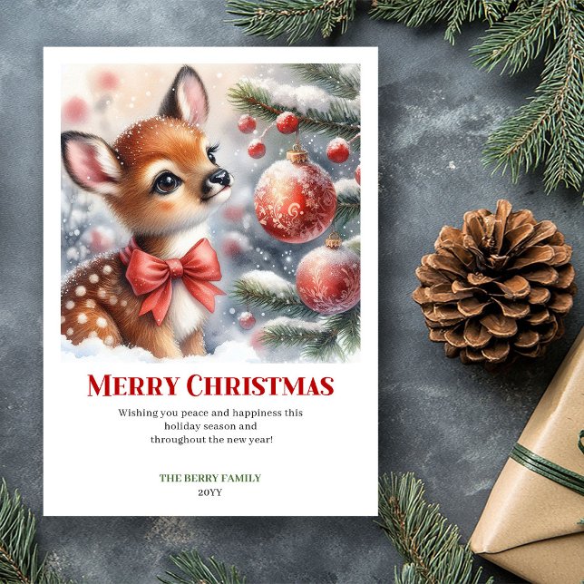 Cute Baby Fawn Winter Scene Watercolor Christmas  Holiday Card (Cute Baby Fawn Winter Scene Watercolor Christmas Greeting

)