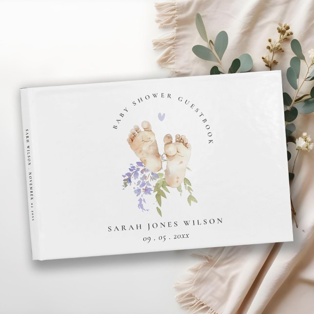 Cute Baby Feet Blue Floral Boy Baby Shower Guest Book (Creator Uploaded)