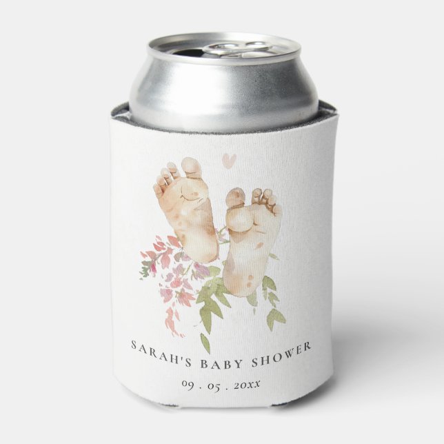 Cute Baby Feet Blush Pink Floral Girl Baby Shower Can Cooler (Can Front)