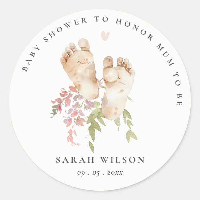Cute Baby Feet Blush Pink Floral Girl Baby Shower Classic Round Sticker (Front)