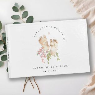 Cute Baby Feet Blush Pink Floral Girl Baby Shower Guest Book