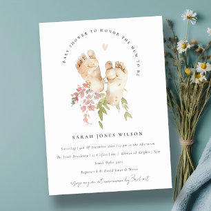 Cute Baby Feet Blush Pink Floral Girl Baby Shower Invitation
