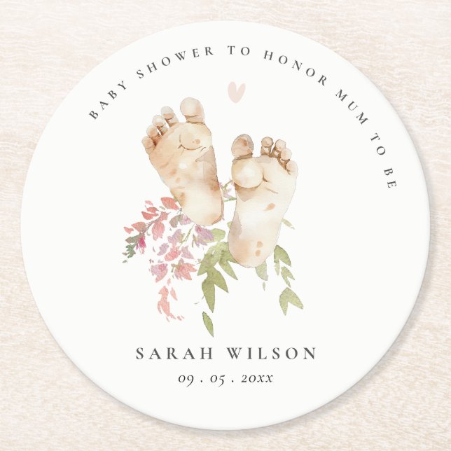 Cute Baby Feet Blush Pink Floral Girl Baby Shower Round Paper Coaster (Front)