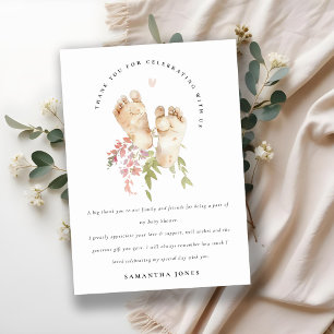 Cute Baby Feet Blush Pink Floral Girl Baby Shower Thank You Card
