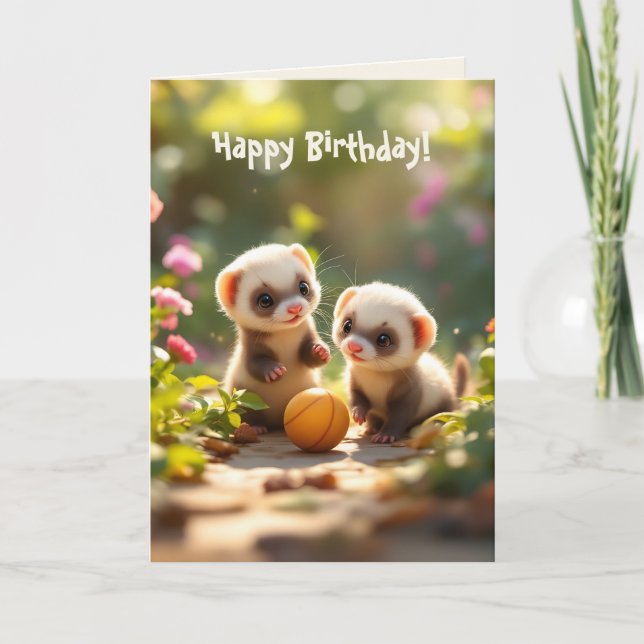 Cute baby ferrets playing with a ball, birthday  card (Front)