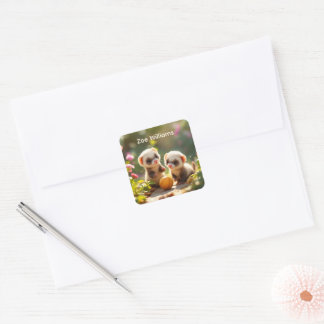 Cute baby ferrets playing with a ball, custom square sticker