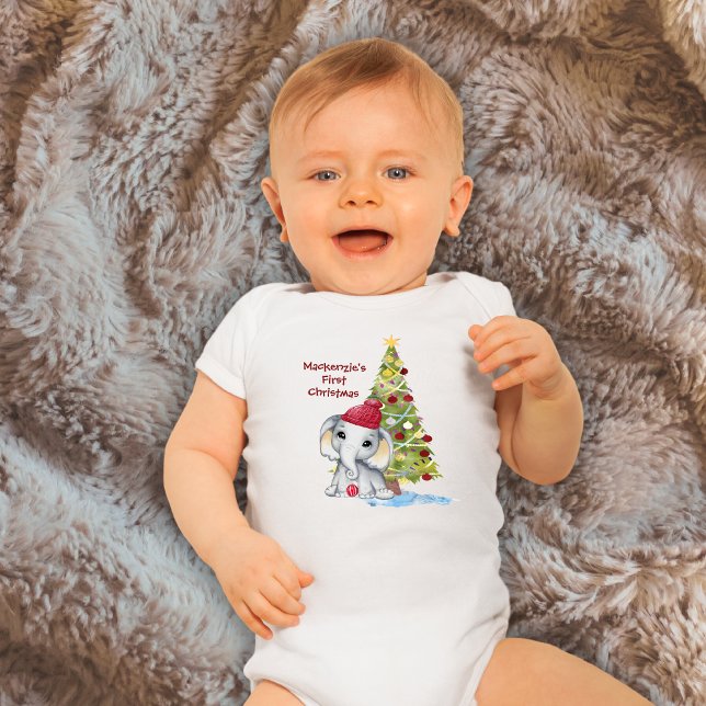 Cute Baby First Christmas Elephant Name Baby Bodysuit (Creator Uploaded)